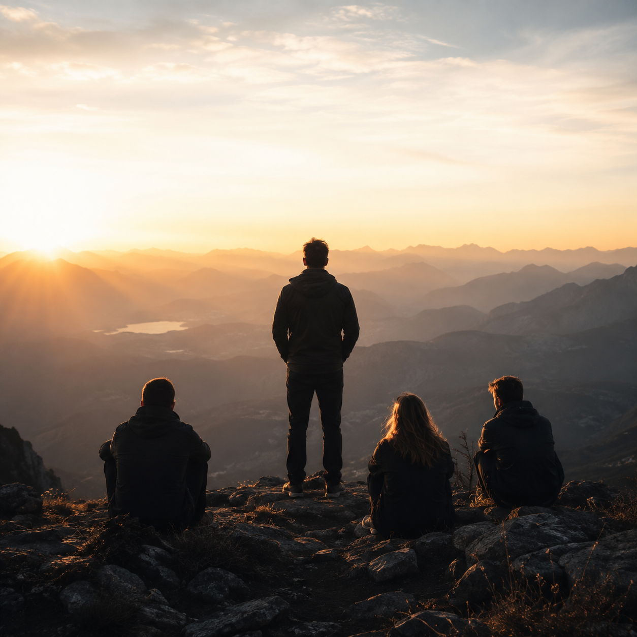 Four colleagues looking toward sunrise from a mountain summit