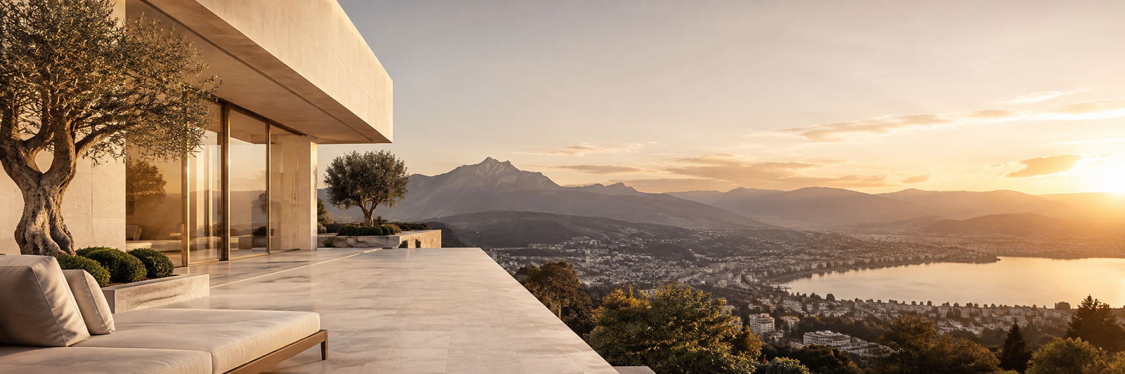 Sunlit terrace overlooking a connected city and mountain landscape