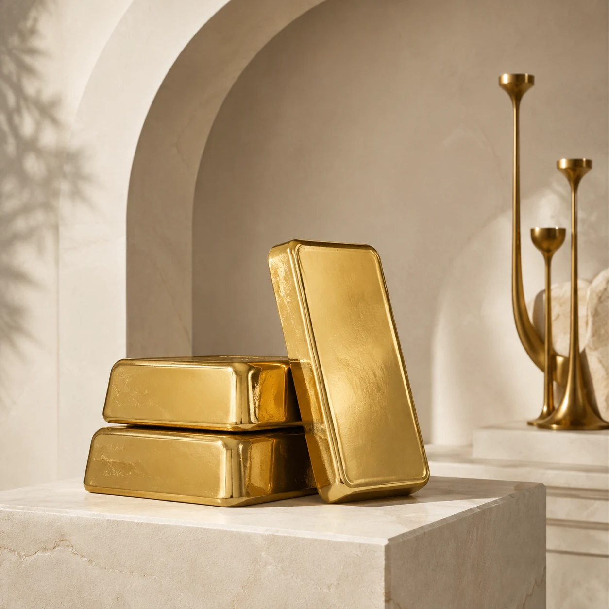 Polished gold bars on an ivory stone pedestal