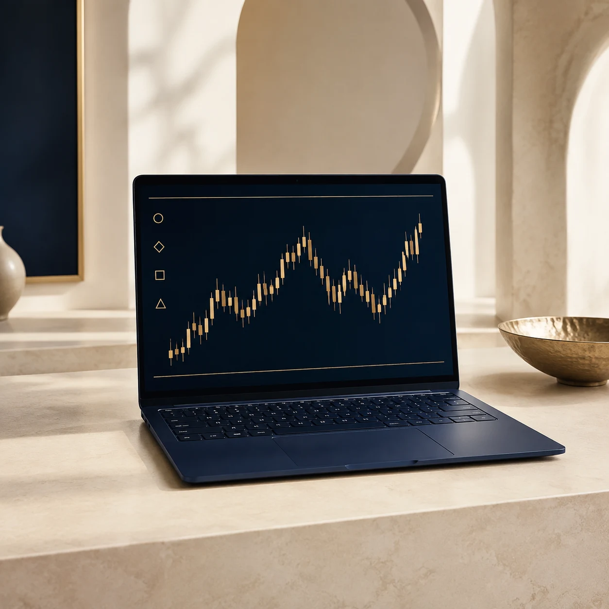 Navy laptop displaying a gold market chart